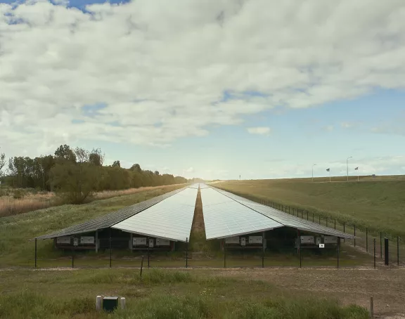 Solar panels next to road zonnepanelen in weiland naast weg