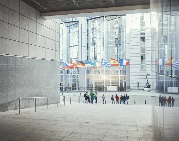 Flags of different European countries waving in front of the European Parliament in Brussels