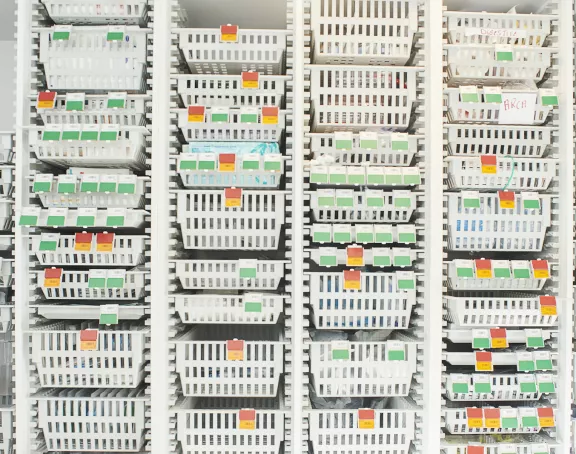 Hospital storage room with baskets holding medical supplies