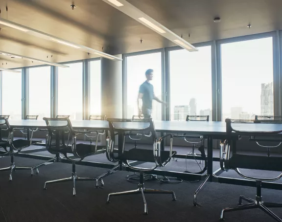 Board room at Stibbe with a view on the Brussels city center