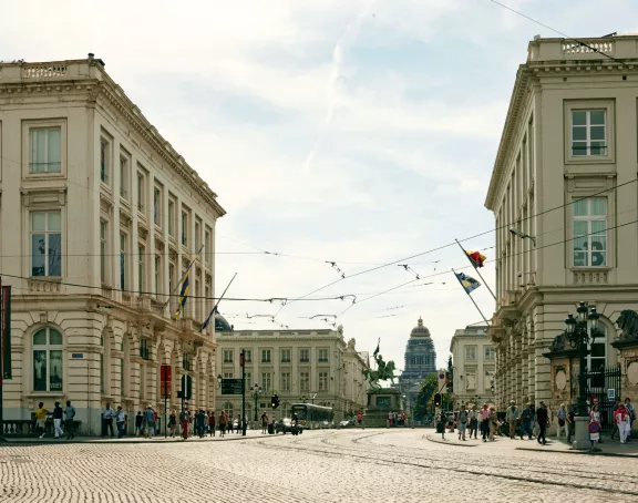 View of Place Royale in Brussels with statue in the center and the Palace of Justice in the background