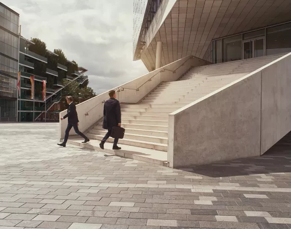 Business people walking up stairs