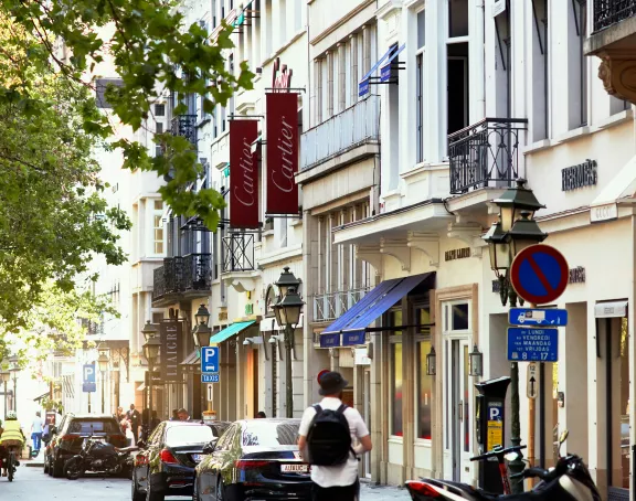Street view of the shopping street 'Boulevard de Waterloo' in Brussels