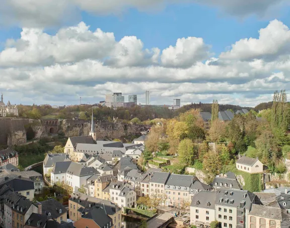 Panoramic view of Grund in Luxembourg City, showcasing a picturesque scene with historic buildings and lush greenery