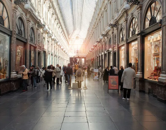 Galerie de la Reine in Brussels, a refined shopping arcade featuring a glass roof, marble floors, and visitors strolling past its boutiques.