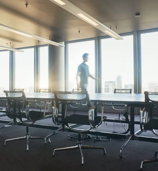 Board room at Stibbe with a view on the Brussels city center