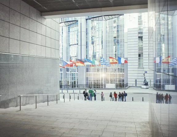 Flags of different European countries waving in front of the European Parliament in Brussels