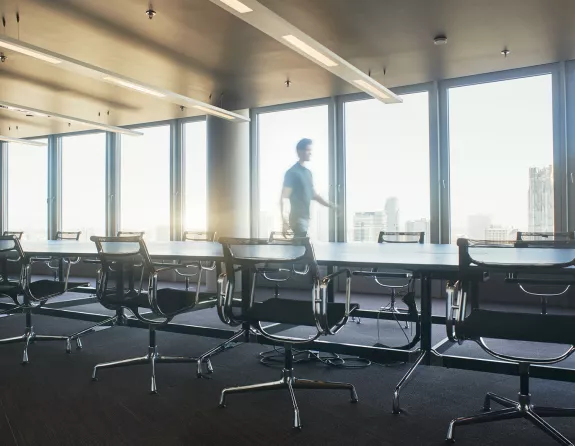 Board room at Stibbe with a view on the Brussels city center