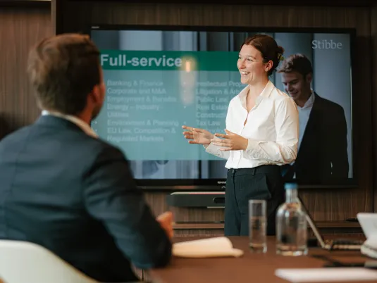 A woman standing in front of a TV screen, presenting, while another person listens attentively from a table with his back turned towards the camera.
